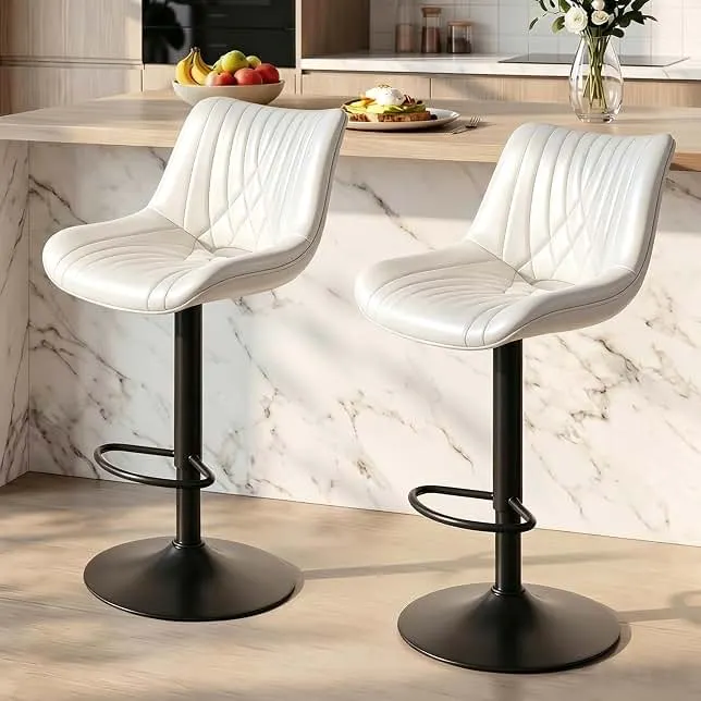 VATROS Swivel Bar Stools Set of 2, Height Adjustable Counter Height Bar Stools with Open Back and Footrest, Premium Faux PU Leather, Modern Upholstered Bar Chairs for Kitchen Isl…