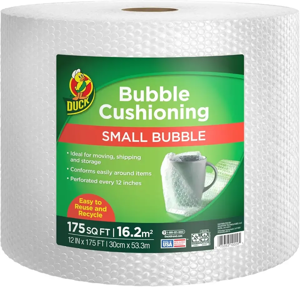 Duck Brand Small Bubble Cushioning Wrap for Fragile Moving & Shipping - 175 ft Packing Wrap for Extra Protection in Boxes & Mailers - Clear Roll, Moving Supplies, Perforated Every 12 in