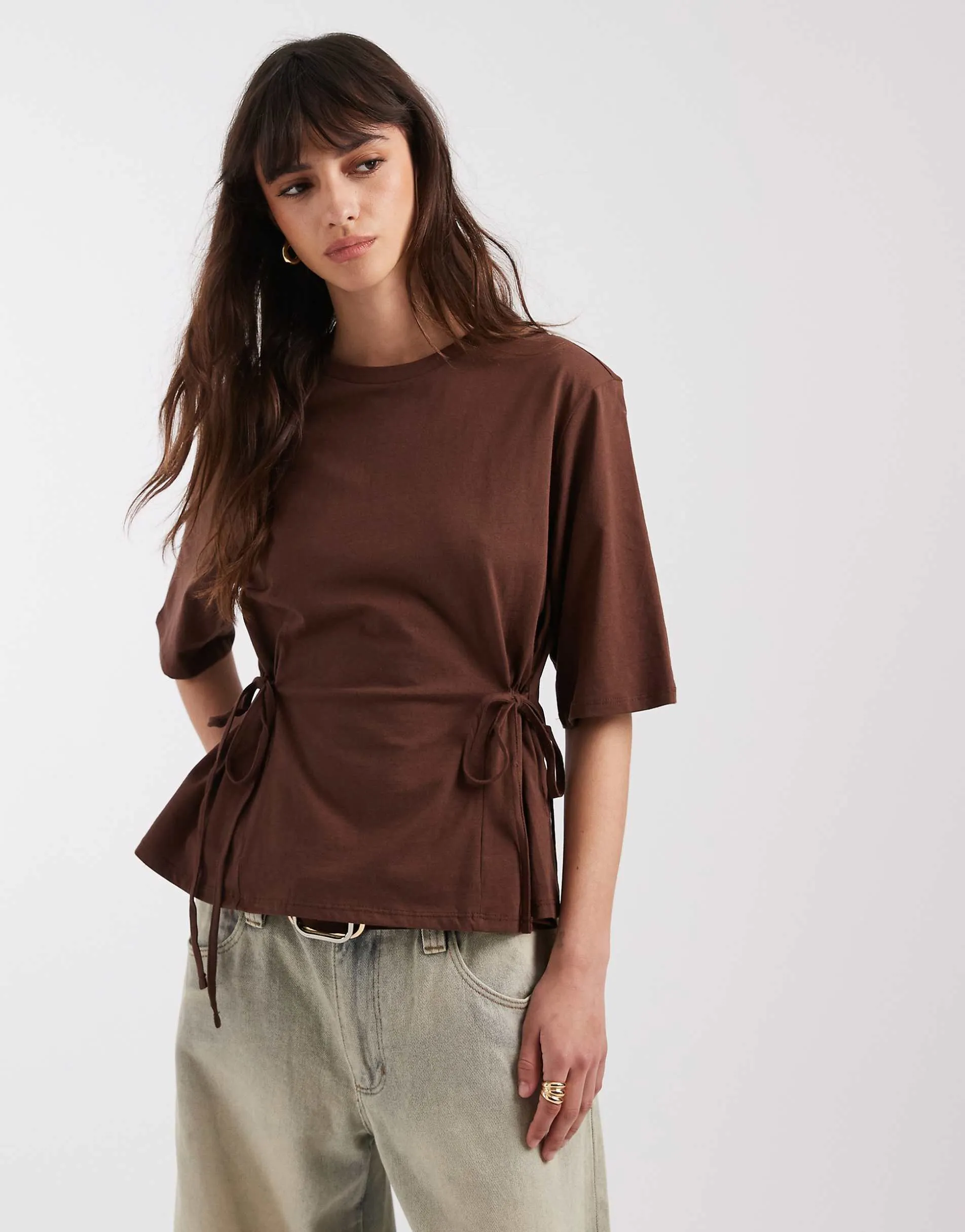 ASOS DESIGN tie waisted detail short sleeve top in chocolate
