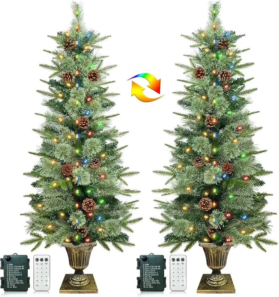 2 Pack 4 Ft Christmas Entrance PE Tree in Gold Pot Base, Douglas Fir Potted Xmas Realistic-Feel Tree with 80 White & Colored Lights, Timer, 12 Modes Battery Powered for Porch Front Door Xmas Decor