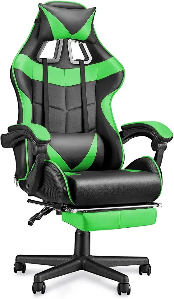 Huracan Gaming Chair with Footrest, Ergonomic Computer Chair Lumbar Support, Adjustable High Back Recliner for Adults, Racing Style Video Gaming Chairs, for Home Office Streaming, Green