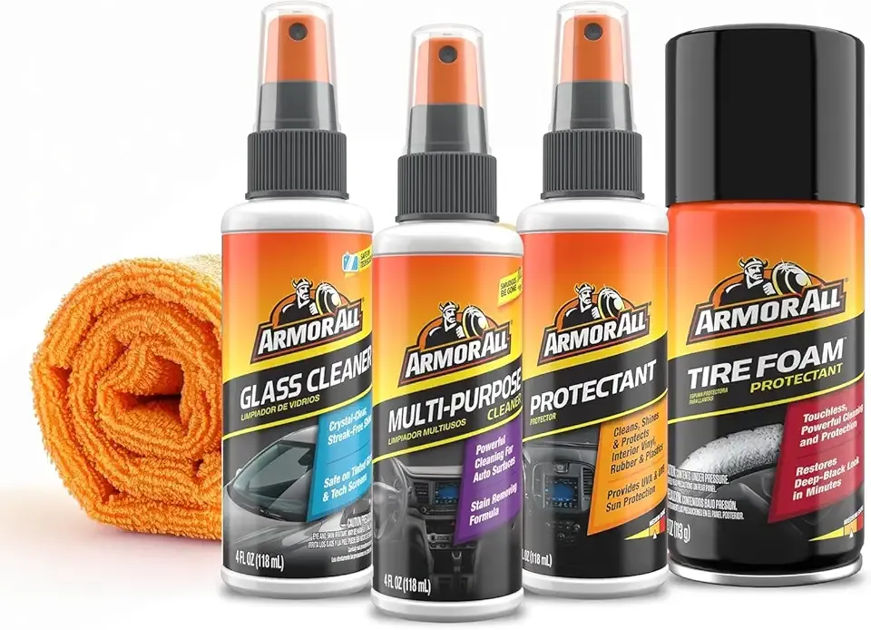Armor All Car Wash and Car Interior Cleaner Kit, Includes Towel, Tire Foam, Glass Spray, Protectant Spray and Cleaning Spray, Multicolor, 5 Count (Pack of 1)
