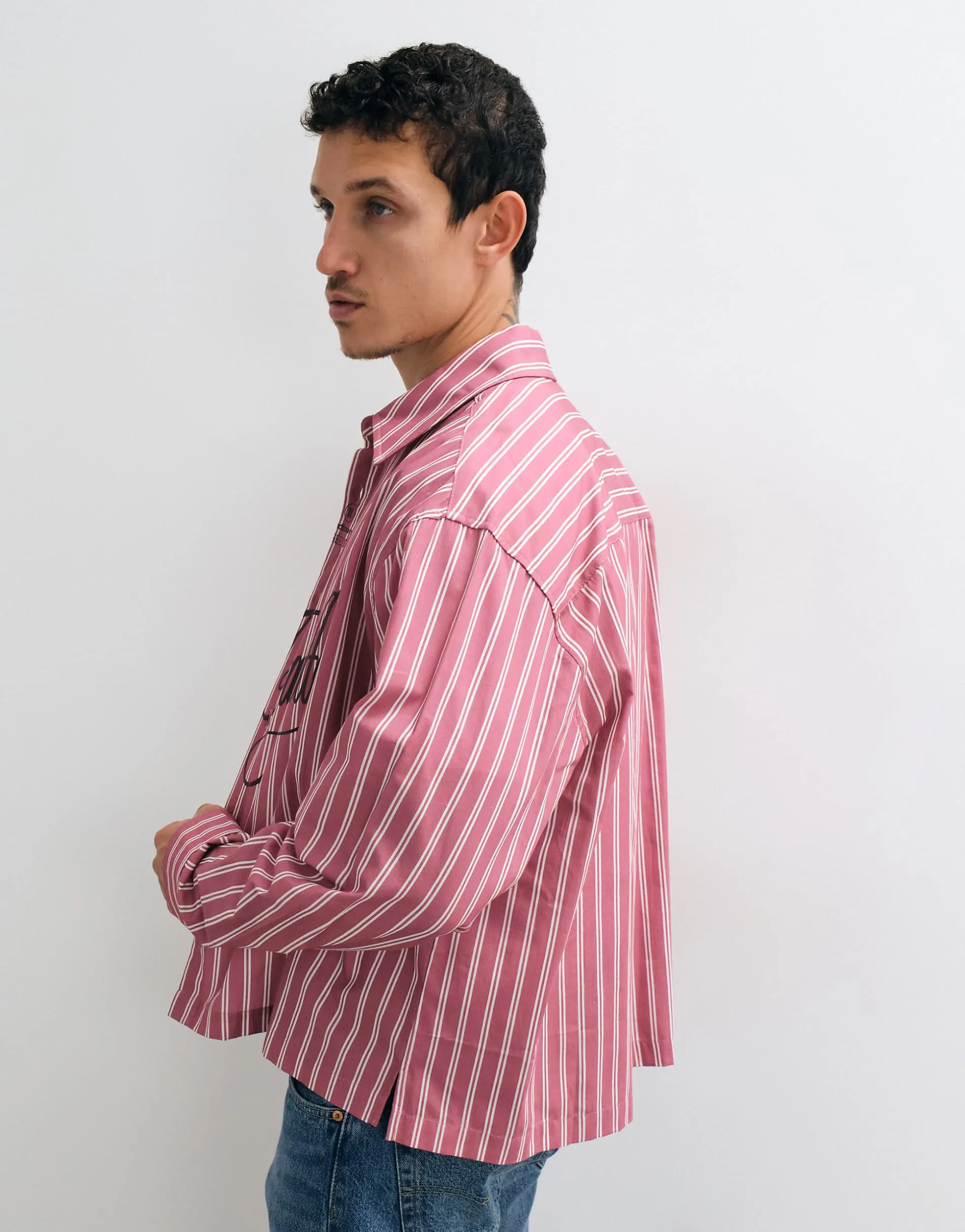 ASOS DESIGN boxy oversized stripe shirt with placement print in mauve