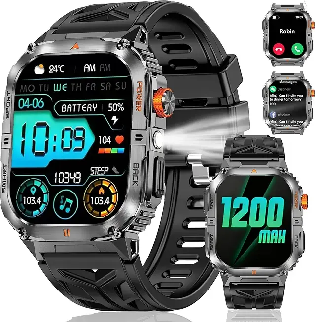 Military Smarty Watch for Men, 2.01" Smartwatch with 1200mAh Battery, Flashlight, Answer/Make Calls, Heart Rate/Sleep Monitor 100+ Sport Modes Fitness Tracker for Android/iPhone