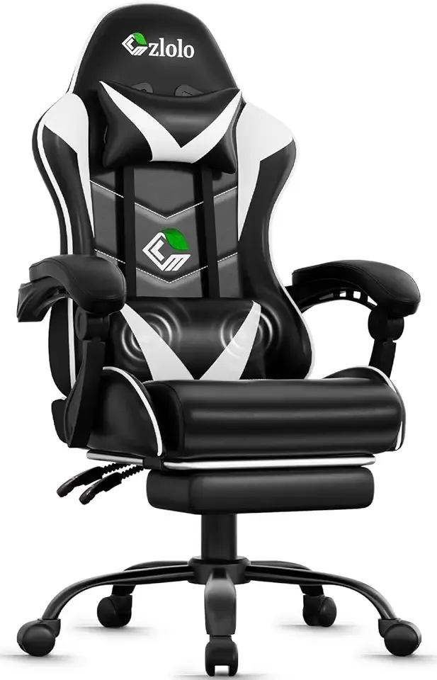 Gaming Chair with Footrest Racing Style Lumbar Support Massager Video Game Chair with Metal Legs, High Back Reclining Gamer Chair with Headrest, 360° Swivel Office Computer Desk Chair (White)