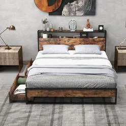 ZGBY Products Queen Industrial Platform Bed Frame W/ Drawer Storage Headboard Chargi...