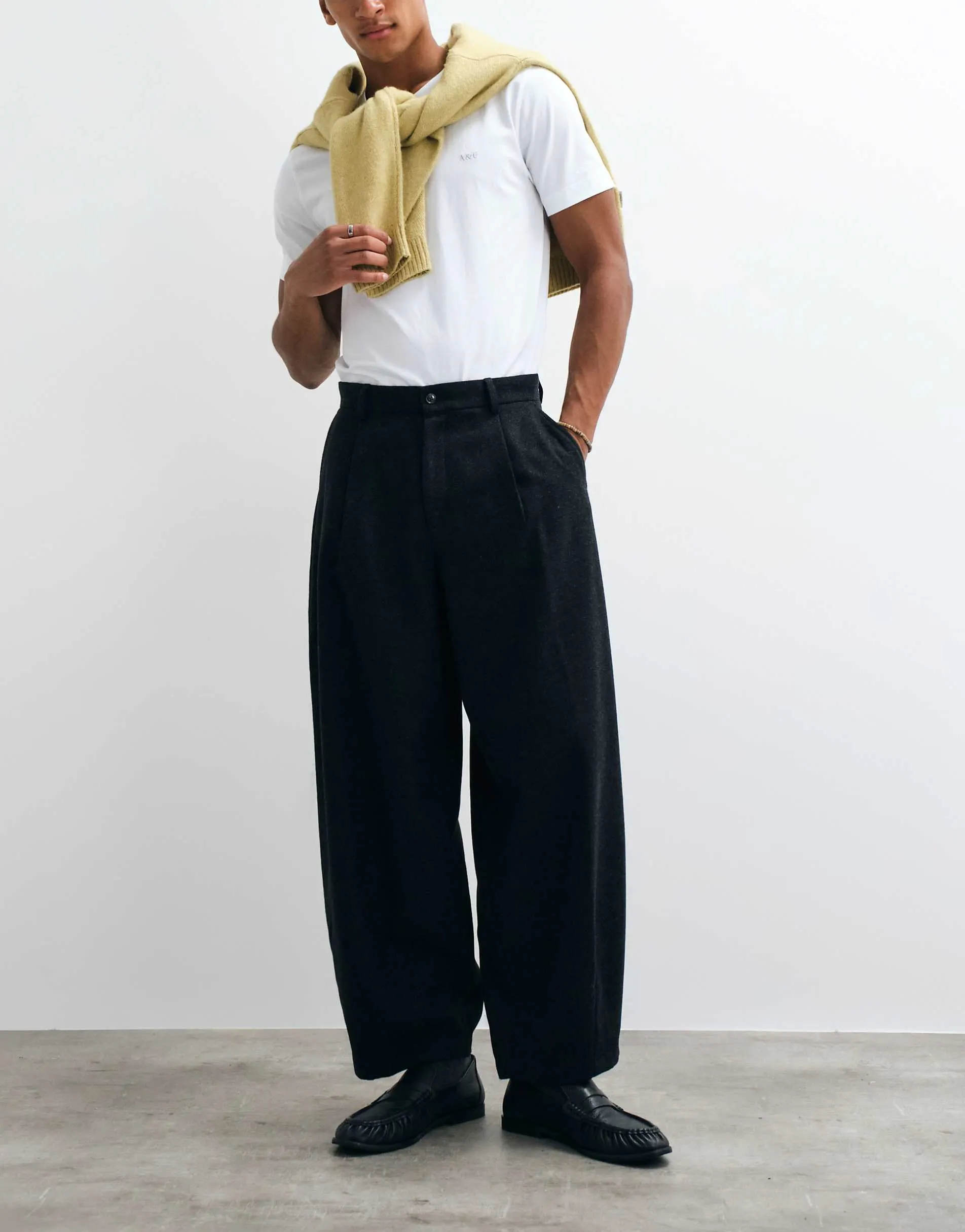 ASOS DESIGN tailored wide barrel leg trousers with wool in black herringbone