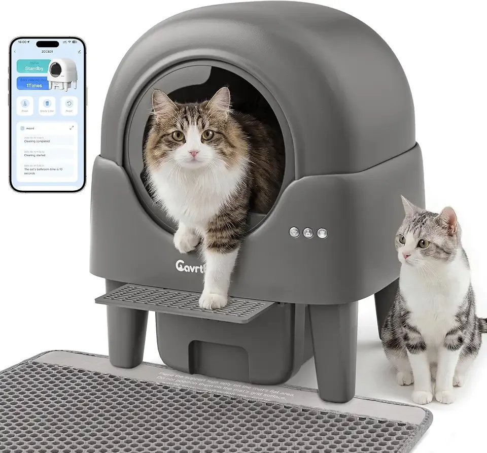 Automatic Litter Box, Self Cleaning Litter Box with APP Control, Large Capacity Cat Robot for Multiple Cats, 5 Safety Sensors, 3-Minute Assembly, with Trash Bags, Litter Mat, Step