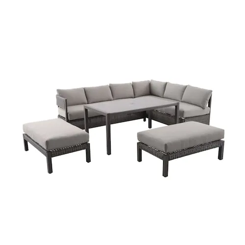 Harrisview 5-Piece Wicker Patio Sectional Set with Grey CushionGuard Cushions, in Brown