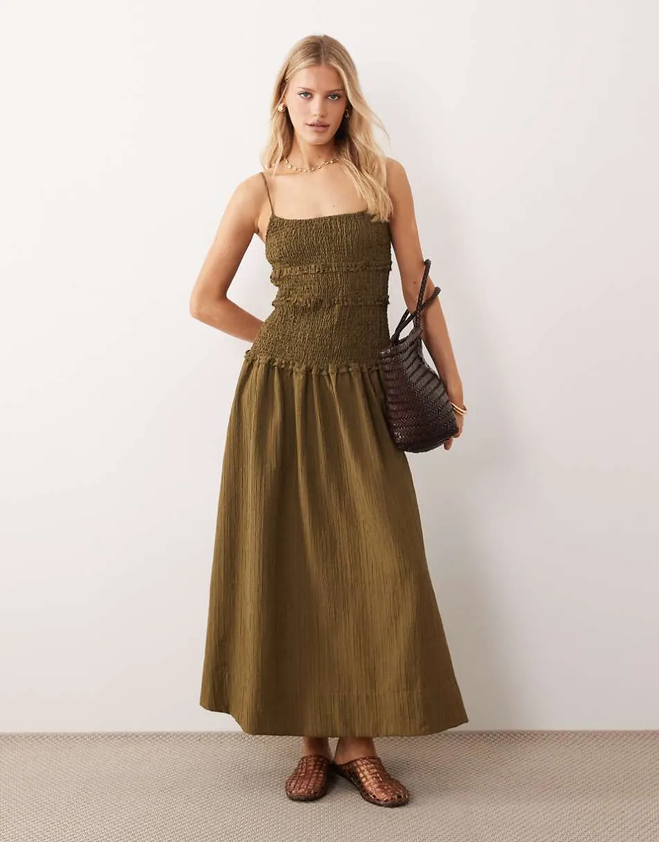 ASOS DESIGN crinkle maxi sundress with shirred dropped waist in olive