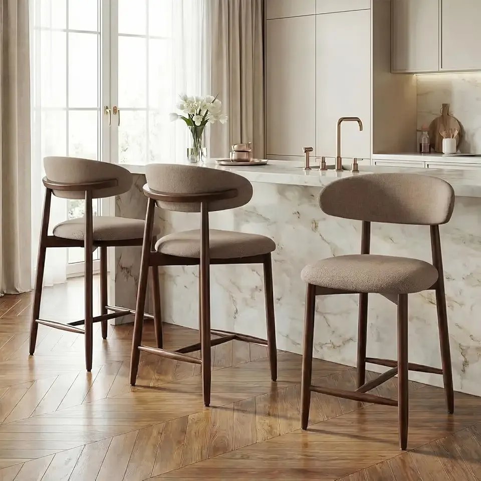 Bar Stools Set of 3, 25.6″ Counter Height Bar Stools with Wood Legs, Upholstered Modern Kitchen Barstools for Kitchen Island Dining Room Bar, Camel