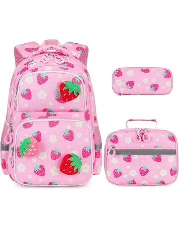 Similove Kids Backpack for Girls Ages 4-8, Cute 3D Plush Strawberry | Toddler Backpack with Lunch Box & Pencil Case, School Bookbag for Preschool Kindergarten Elementary School Student