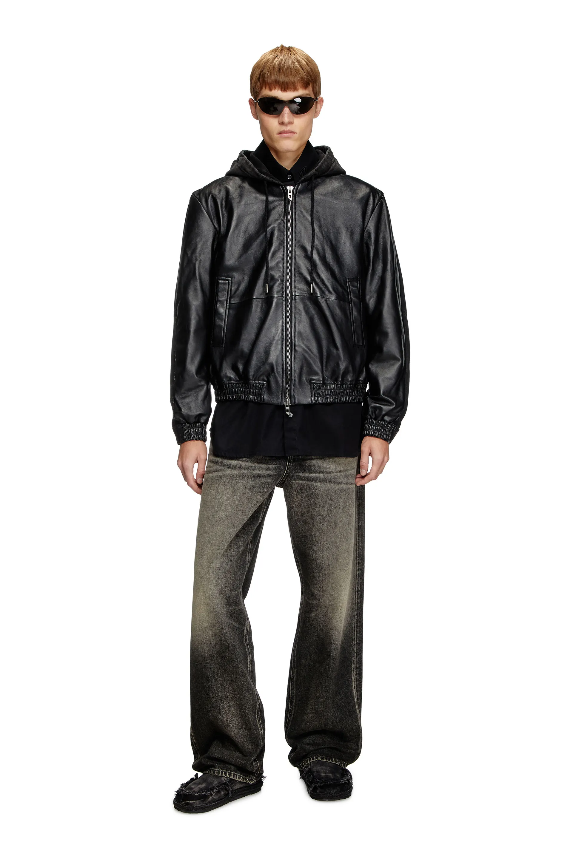 Hooded jacket in leather, cotton and denim