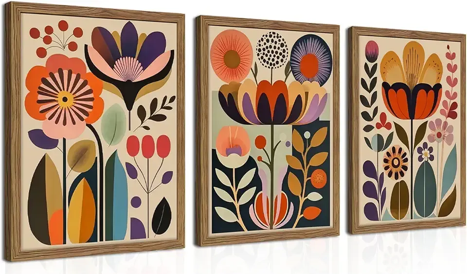 Framed Colorful Floral Wall Art Set of 3, Abstract Scandinavian Flower Canvas Wall Decor Paintings, Mid Century Modern Botanical Artwork Pictures Prints for Living Room Bedroom Dining Room 12x16 Inch