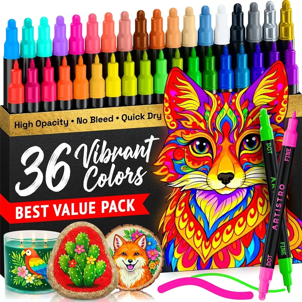 ARTISTRO Precision Dual-Tip Acrylic Paint Marker Pens - Set of 36 | For Fabric, Rock, Glass, Wood, & Coloring Books, Arts & Crafts Gift, Classroom Must Haves & School Supplies (Dot & Fine Tips)