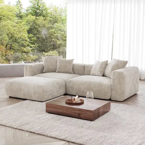 102 in. Beige Corduroy Modular Sectional Sofa Deep Seat with Ottoman, Washable Covers