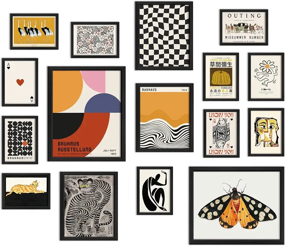 ANERZA 16 PCS Framed Eclectic Wall Art Decor, Modern Maximalist Wall Prints for Bedroom, Vintage Gallery Wall Frame Set, Bauhaus Funky Posters for Home Decor, Retro Abstract Dorm Collage Kit