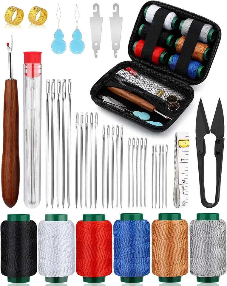TLKKUE Sewing Kit for Adults, Steel Needles for Hand Sewing, 40 Pcs Sewing Kit with Sewing Needles Storage Bag Threads Thimbles Seam Rippers for Repair Clothing(6-Color Upholstery Thread)