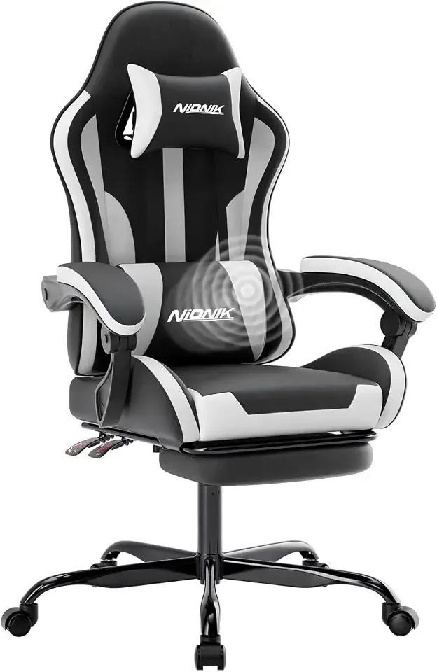 Gaming Chair, Ergonomic Computer Chair with Footrest and Lumbar Support, Height Adjustable Game Chair with 360°-Swivel Seat and Headrest and for Office or Gaming Blackwhite