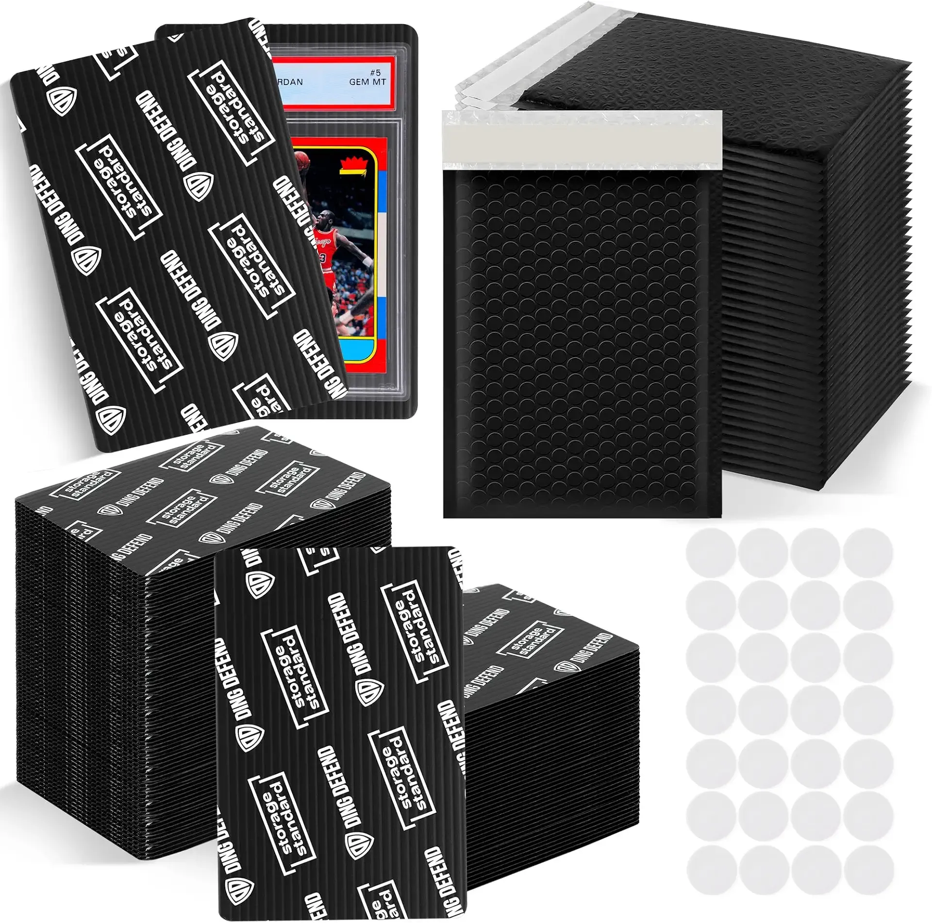Ding Defend Trading Card Shipping Kit - Includes 110 4’’ x 6’’ Protectors, 55 Envelope Bubble Mailers, 240 Tape Seals for Slabs & Collectible Cards - Black