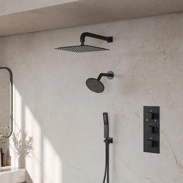 GRANDJOY 12 and 6 in.​ Thermostatic 5-​Spray Wall-​Mount Dual Fixed and Handheld Shower Head 2.​5 GPM in Matte Black with Valve
