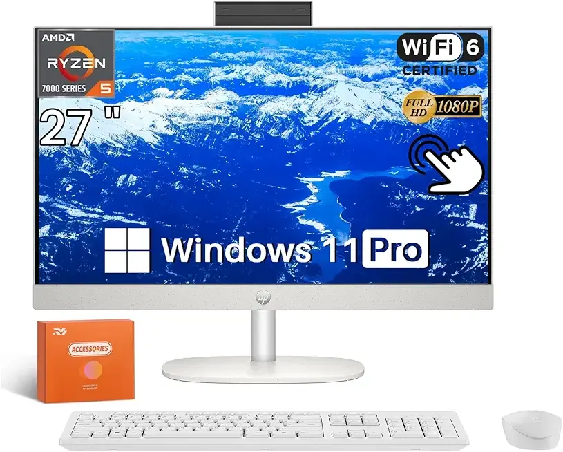 HP 27 Inch All in One Touchscreen Desktop Computer, AMD Ryzen 5 7520U(4-Core), 27" FHD IPS, 16GB RAM, 1TB SSD, WiFi 6, Bluetooth 5.3, Wireless Keyboard and Mouse, Windows 11 Pro, Accessories