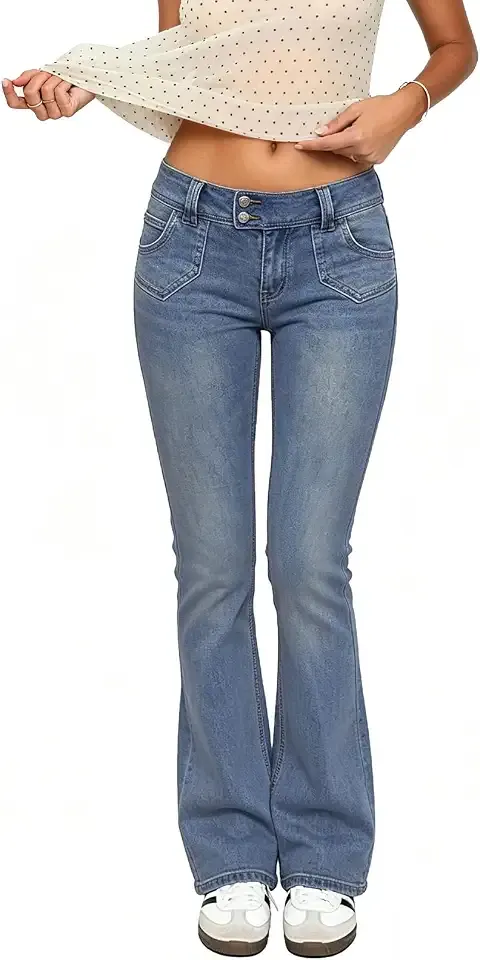 Women's Stretch Mid Rise Double Button Elastic Skinny Vintage Flare Jeans