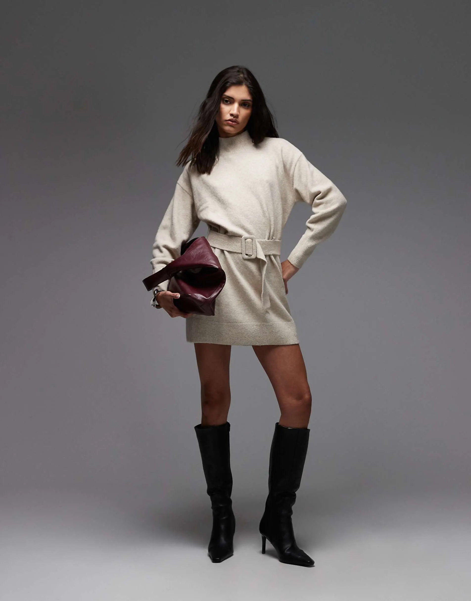 & Other Stories belted knitted dress in light beige