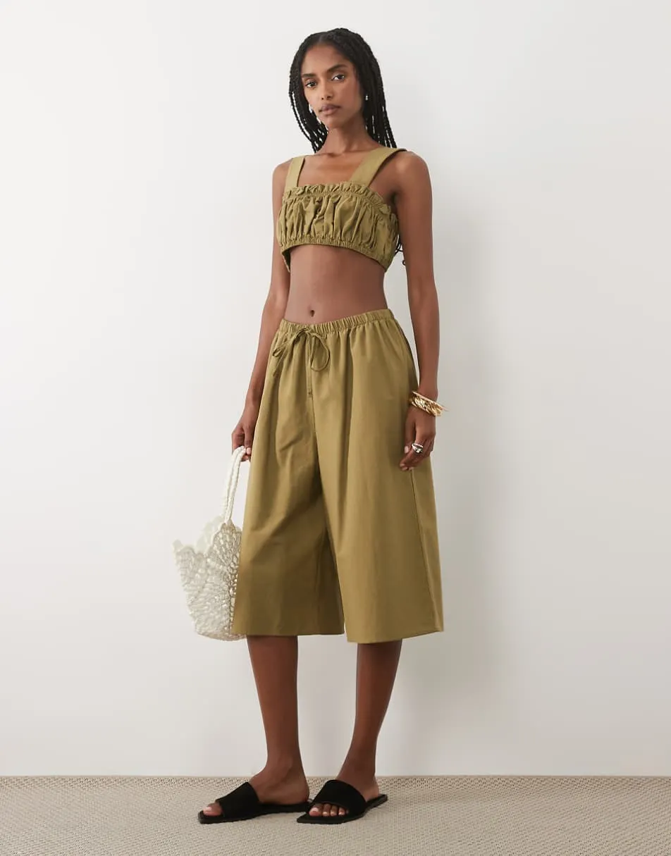 ASOS DESIGN linen blend ruched bralet in olive co ord
