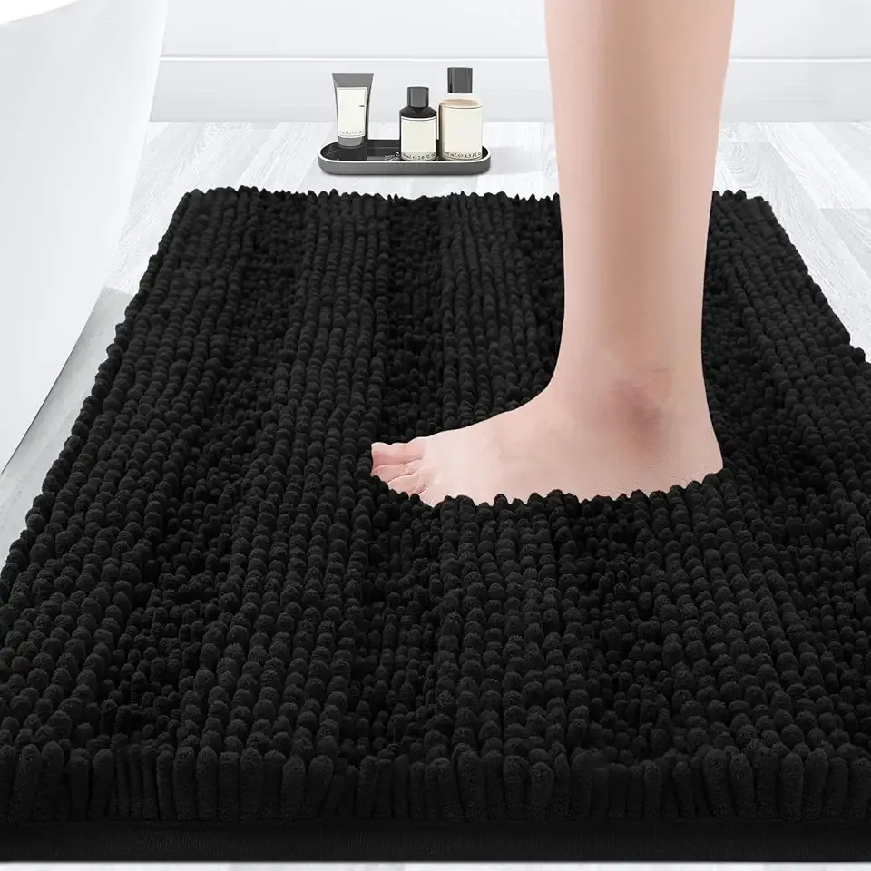 ACCUMTEK Striped Black Bathroom Rug Mat 32"x20" Ultra Soft, Non Slip Chenille Bath Rugs, Absorbent Plush Shaggy Bath Mats for Bathroom, Bedroom, Kitchen, Shower, Tub