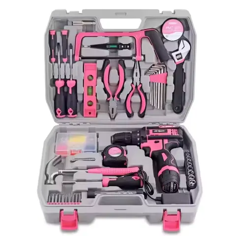 Hi-Spec Pink Electric Screwdriver Drills Kit Home Tool Kits Set Repair Electric Cordless Drills Complete Tool Box Kit Hammer