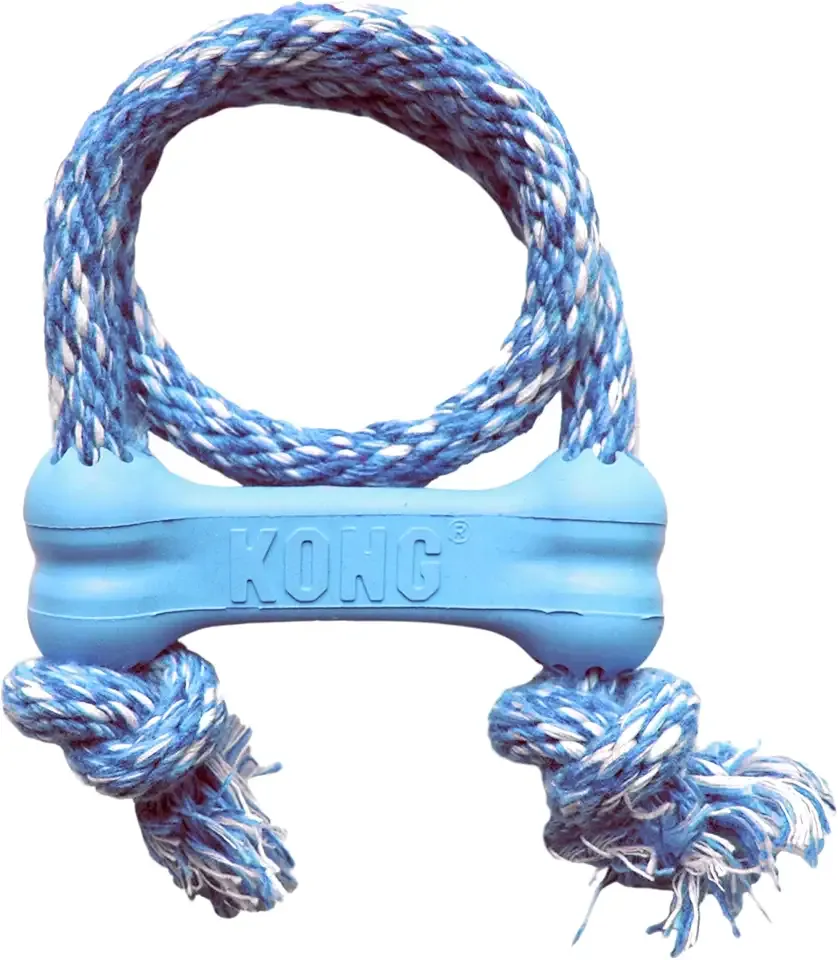 KONG Puppy Goodie Bone with Rope - Natural Rubber Bone with Cotton Rope - Teeth Cleaning Chew Toy for Growing Puppies - for XS Puppies - Blue