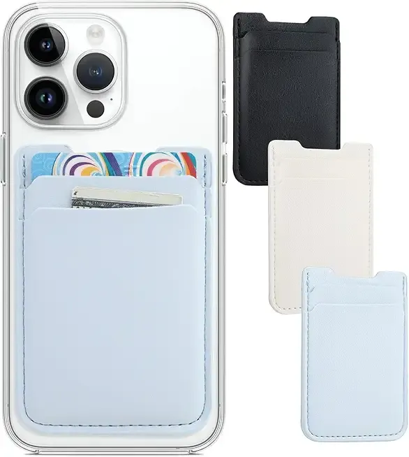 Phone Wallet Stick on,3Pack Phone Card Holder for Phone Case, Leather Credit Card Sticky Wallet Double Pocket Sticker Back of iPhone, Android, Samsung-Baby Blue,White,Black