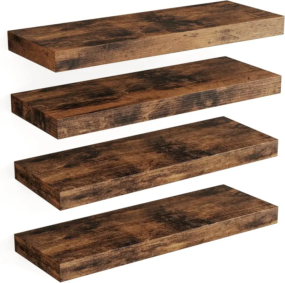 Fixwal 15.8in Wall Shelves, Rustic Wood Finish Floating Shelves Set of 4, Shelves for Wall Decor, with Invisible Brackets for Bathroom, Living Room,Bedroom and Kitchen(Rustic Brown)