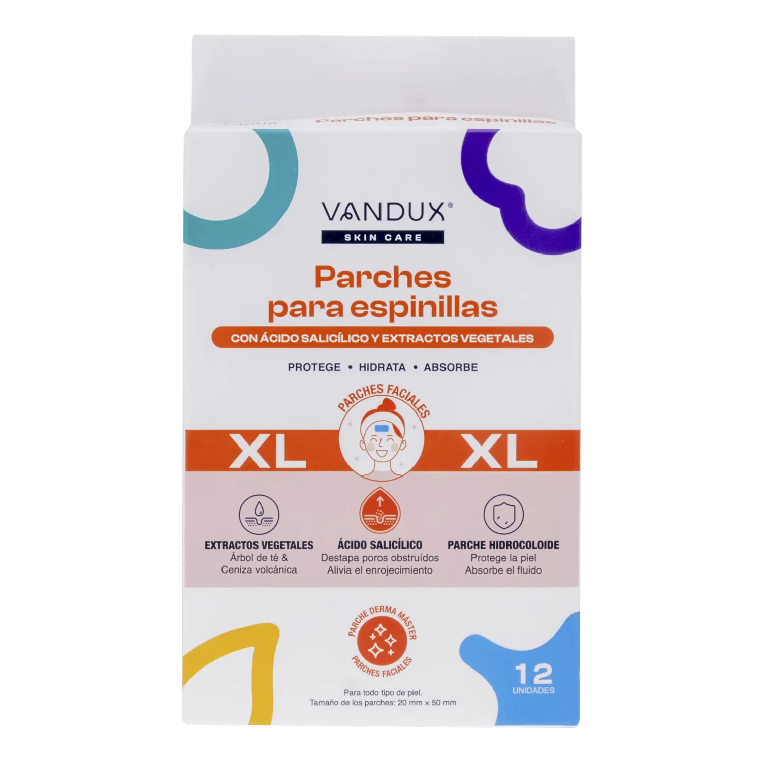 Parches Faciales Para Espinillas Skin Care XL Ácido Salicílico Y Extractos Vegetales VANDUX X 20 Uds
