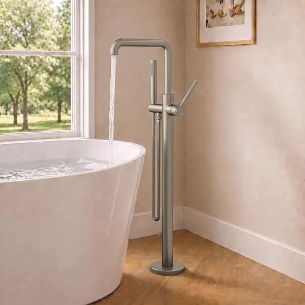YAWWALK 1-Handle 41in. Floor Mount Freestanding Claw Foot Tub Faucet with Hand Shower and 360° Swivel Spout in Brushed Nickel