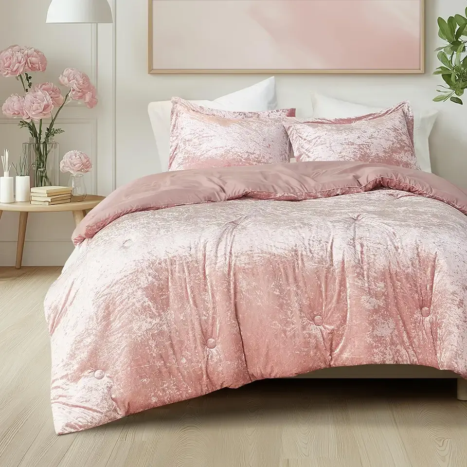 Comfort Spaces Juliette Luxe Comforter Set Velvet Lush with Soft Brushed Microfiber Reverse, All Season Cozy Velvet Bedding Sets, Fluffy Comforter Bed Set, Matching Sham, Blush Full/Queen 3 Piece