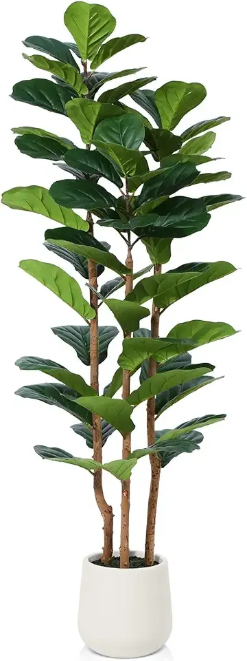 Artificial Fiddle Leaf Fig Tree with White Planter,5ft Tall Fake Tree with Natural Wood Trunk for Home Decor, Faux Ficus Tree Fake Moss for Indoor Office Living Room