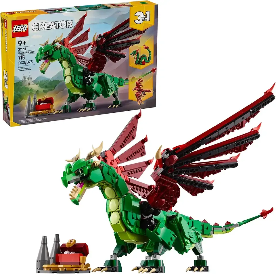 Creator 3 in 1 Medieval Dragon Toy - Building Toy with 3 Build Options, Dragon, Sea Serpent, or Phoenix - Fantasy Set for Kids, Boys and Girls, Ages 9+ - Gift Idea for Birthdays - 31161