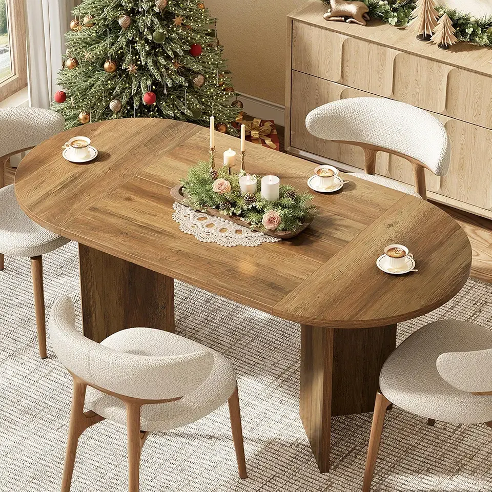 LITTLE TREE 63" Rustic Oval Dining Table for 2-4, Sturdy MDF Farmhouse Kitchen Table with Metal Strip Base, for Living Room, Office, Restaurant, Multi-Use, Umber