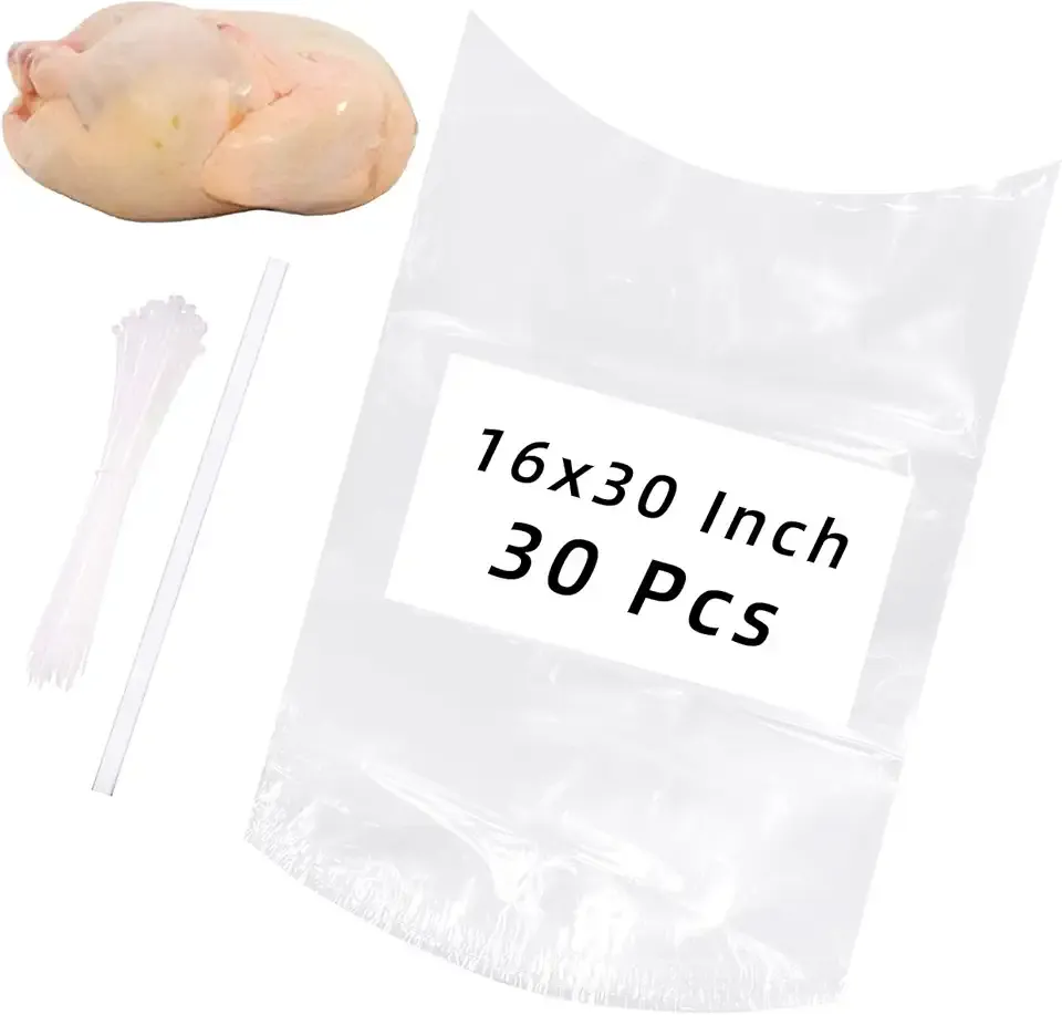 Large Turkey Shrink Bags,30 Pcs 16x30 Inches Clear Poultry Heat Shrink Bags Freezer with Zip Ties, Silicone Straw for Turkey,Chickens,Rabbits