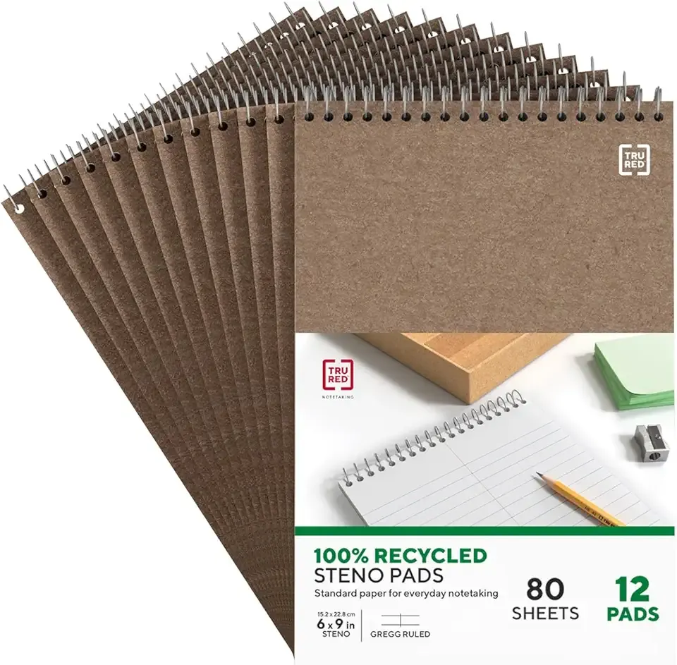 TRU RED Steno Notepads, 6” x 9”, Gregg Ruled, 80 Sheets, Top Wirebound, 12‑Pack