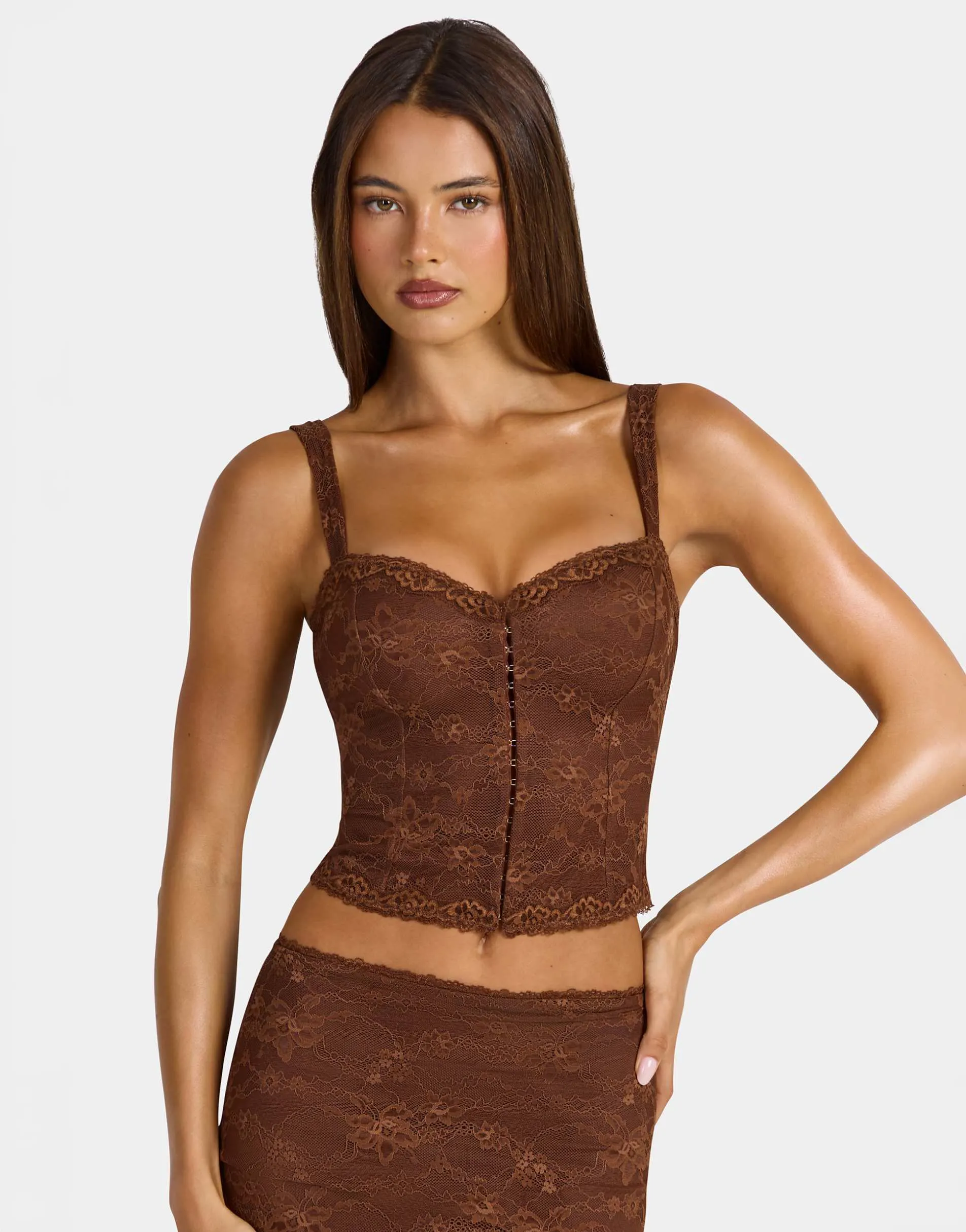 Oh Polly lace sweetheart hook and eye corset top co-ord in chocolate