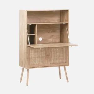 Escritorio de 2 puertas con estantes, efecto madera y caña Natural - 90x38x138 cm