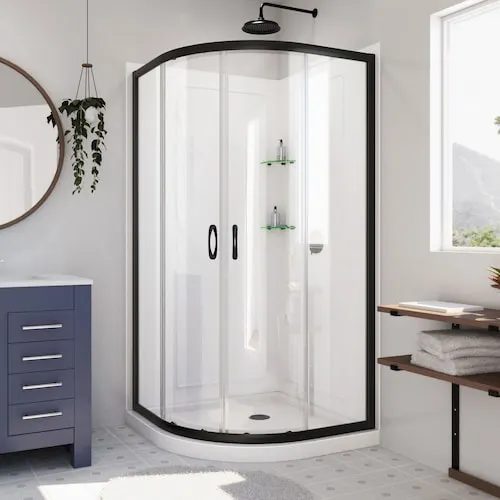 DreamLine Prime 36 in. D x 36 in. W x 76.75 in. H Neo-Round Corner Shower Kit Enclosure with Wall Surround, Two Glass Shelves, Corner Drain Base & Clear Glass Sliding Door in Matte Black