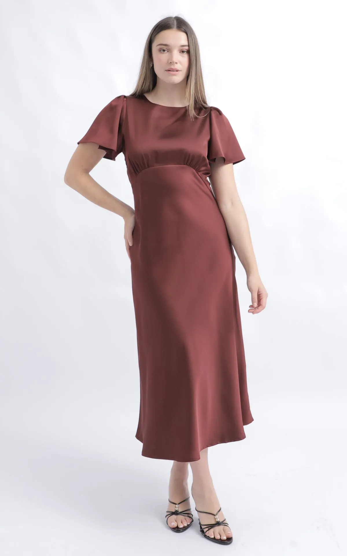 Satin Bias Flutter Sleeve Dress