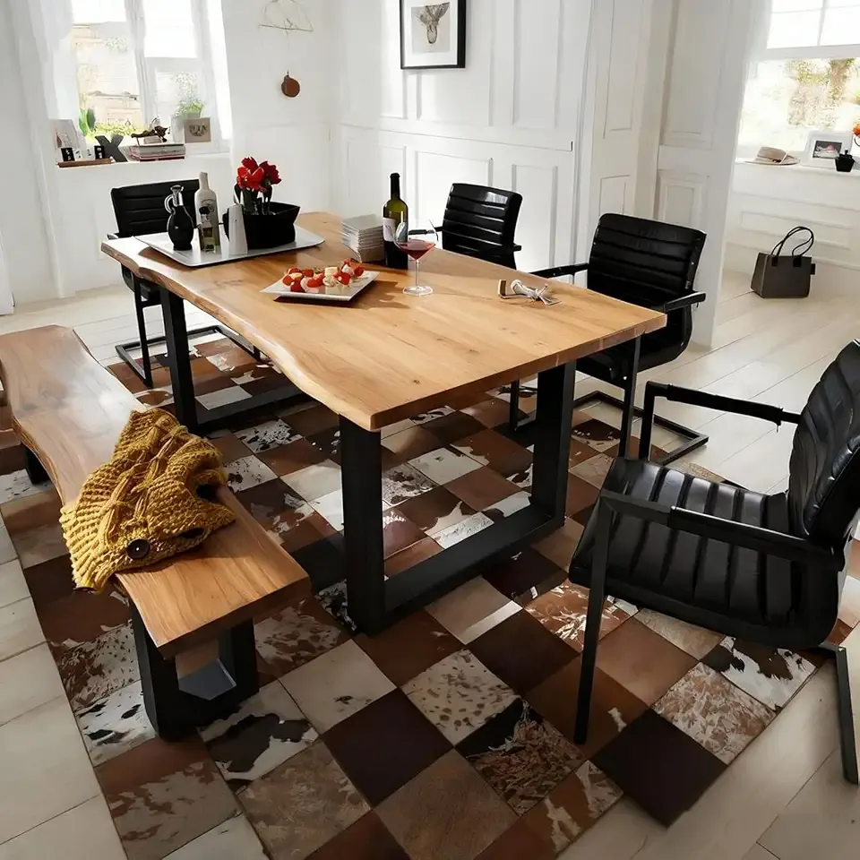 Industrial Solid Wood Dining Table,2" Solid Wood Top,Live Edge Style Kitchen Table for 4-8 People,Farmhouse Dining Room Table for Home, Restaurant or Coffee Shop