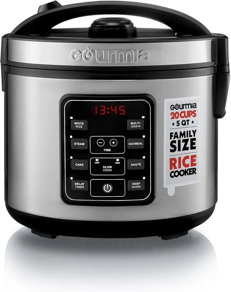 Gourmia Rice Cooker – 5 Qt Capacity, 20 Cup Cooked, 10 Cup Uncooked, Digital Controls, 6 Cooking Presets, Grain Cooker & Steamer, Nonstick Pot, Steam Tray, Delay Timer, Keep Warm, Stainless Steel