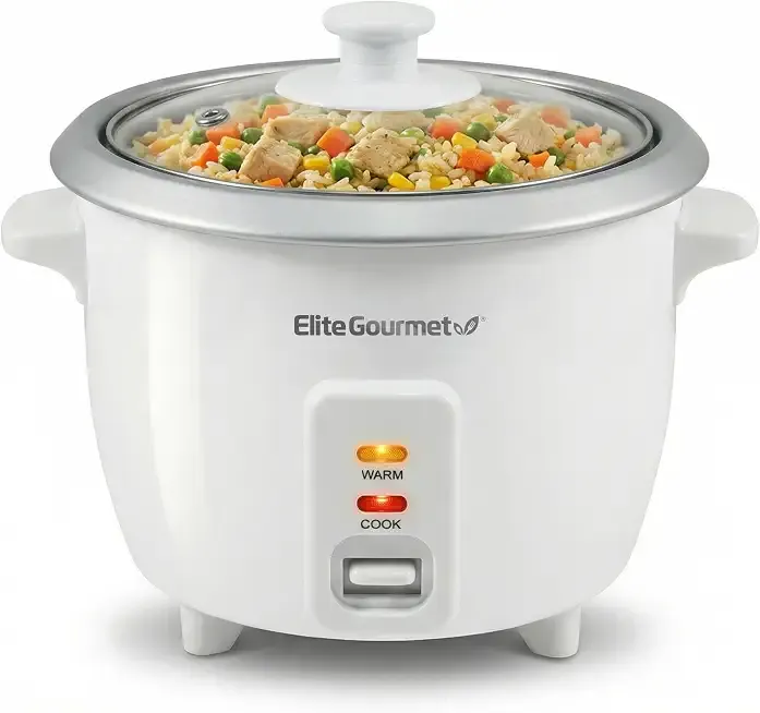 Elite Gourmet ERC-003X Electric Rice Cooker with Automatic Keep Warm Makes Soups, Stews, Grains, Hot Cereals, 6 Cups Cooked (3 Cups Uncooked), White