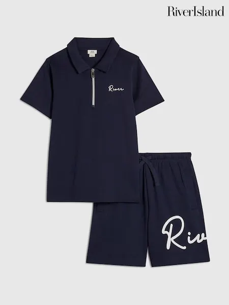 River Island Blue River Logo Polo Shirt & Shorts Set
